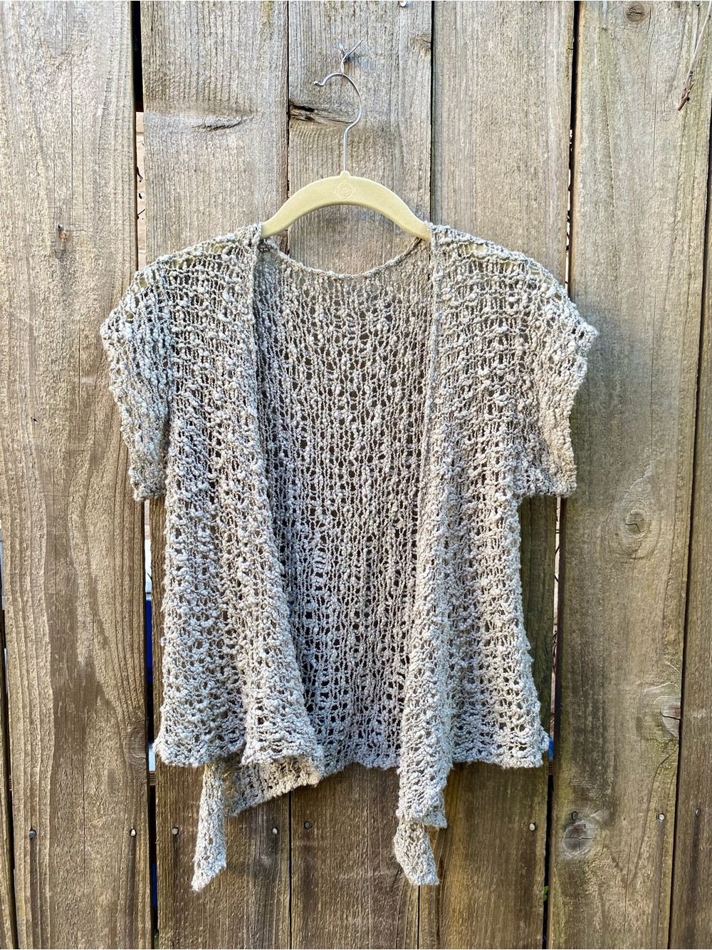 Open-Knit Tie-Front Short Sleeve Shrug - Light Gray